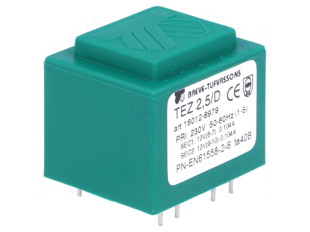 Transformator: ingegoten; 2,5VA; 230VAC; 12V; 12V; 104,1mA; 104,1mA Transformator: ingegoten; 2,5VA; 230VAC; 12V; 12V; 104,1mA; 104,1mA